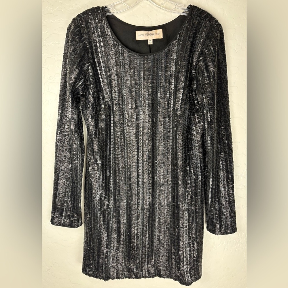Dress The Population Black Sequin Long Sleeve Mini Shift Dress Striped M 0403